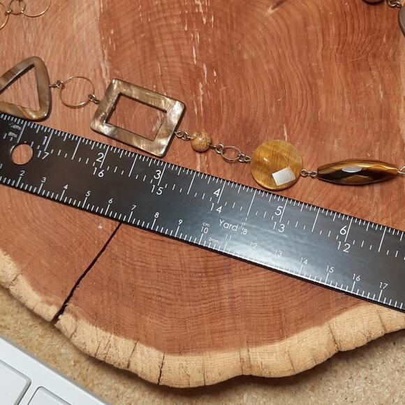 Long Statement Necklace Stone Geometric Shapes on Gold‎ Tone Chain - Picture 5 of 5